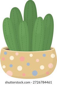 Ilustración de cactus con múltiples ramas en maceta de lunares. Planta de casa linda aislada sobre fondo blanco