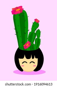 illustration of a cactus plant, with a very cute and unique pot in the shape of a beautiful girl in colorful clothes. great for inspiration for aesthetic places, and great for decorating your walls.