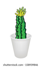 An Illustration of Cactus Plant and Yellow Flower in Flowerpot for Garden Decoration, Isolated on White Background 