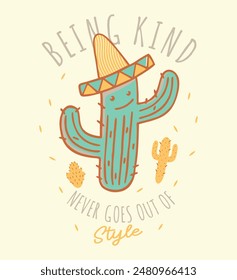 Illustration of cactus with sombrero. Art in children's cartoon style. Design for prints, decoration, crafts and etc...