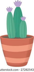 Illustration of a cactus with three branches and lilac flowers in striped pot. Cute houseplant isolated on white