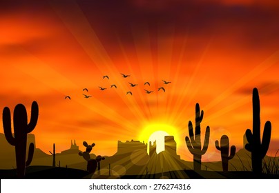 Illustration Of Cactus Tree When The Sunset