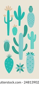 Illustration of cactus types with green leaves, showcasing plant beauty