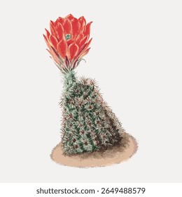 Illustration of a cactus with a vibrant red flower. Cactus in desert setting. Red atop cactus. Desert plant with red flower. Cactus and red flower. Vintage flower illustration vector.