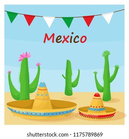 illustration with cactuses and hats about mexico