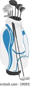 Illustration of a caddy bag and iron with a golf club set.