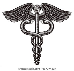 An illustration of the caduceus symbol of two snakes intertwined around a winged rod in a vintage woodcut style. Associated with healing and medicine. 