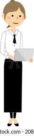 It is an illustration of a cafe clerk operating a laptop computer.