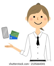 It is an illustration of a cafe clerk who guides cashless payment.