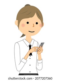 It is an illustration of a cafe clerk who operates a smartphone.