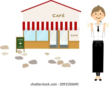 It is an illustration of a cafe clerk who poses in a fighting pose in front of the store.