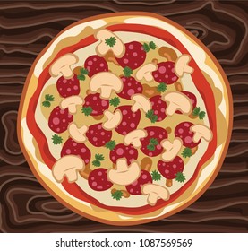 illustration for the cafe menu. on the table pizza with salami, mushrooms, parsley and tasty sauce