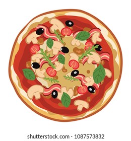 illustration for the cafe menu. pizza with bacon, basil, olives, tomatoes, rucola and champignons