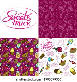 Illustration cafe on wheels, summer vans, food in nature and in the city, fast food, snacks are always near