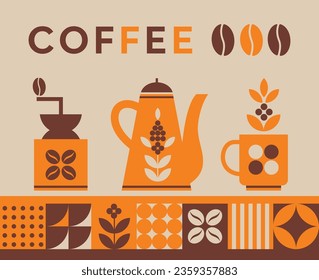 Illustration for cafe and restaurant menus. Design illustration in minimalistic style. Coffee pot, pot, coffee mill. Packaging design for shop.