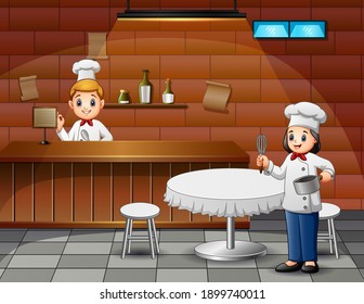 Illustration of cafe scene with chefs and waiters at work