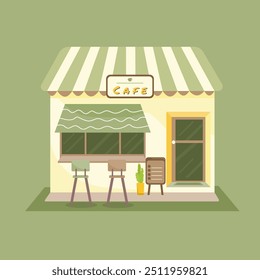 illustration of a cafe shop with chairs and tables in green and brown color