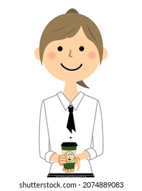 Illustration of cafe staff with take-away product.