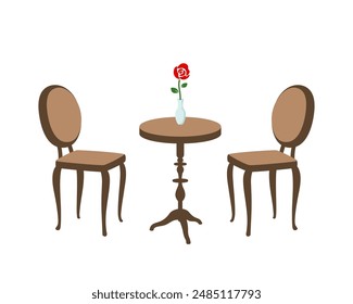 Illustration of a cafe table and chair set with a single rose.