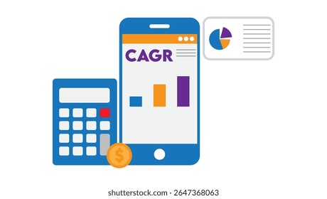 Ilustração de um gráfico CAGR (Compound Annual Growth Rate, taxa de crescimento anual composta) mostrando um crescimento financeiro constante ao longo do tempo com um gráfico de linhas e pontos de dados em ascensão. Perfeito para análise de investimento, relatórios de crescimento de negócios,