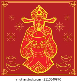 Illustration Cai Shen, God of wealth, God of fortune ,Chinese New Year, gold, red background.