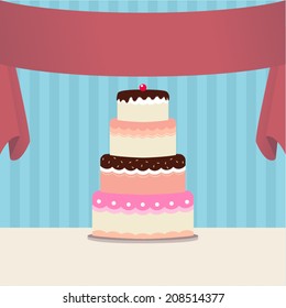 Illustration of a cake with backdrop banner for card or cover design