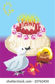 illustration with cake, candles, chicken and duckling