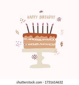 Illustration of a cake with candles, confetti and a happy birthday message. The celebration of the birth of flat vector design greeting cards.