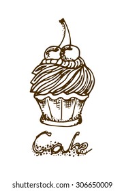 Illustration. Cake with cherries. Greeting card with a wish. Black and white.