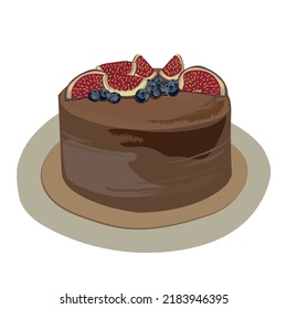 Illustration of cake with chocolate and fruits.