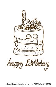 Illustration. Cake with chocolate. Happy Birthday. Black and white.