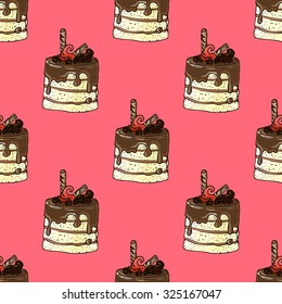 Illustration of cake with chocolate. Seamless pattern.