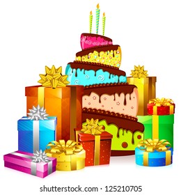 illustration of cake with colorful gift boxes on white background
