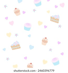 Illustration of cake, cupcake, heart, star for sweet dessert, birthday card, party, gift wrap, packaging, background, fabric, wallpaper, backdrop, kid clothes, picnic, cute pattern, celebration, ads