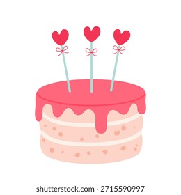 Illustration of a cake decorated with hearts. Vector on a white background.