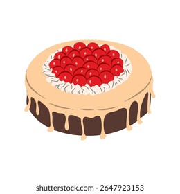 Ilustração de um bolo decorado com frutas vermelhas e uma garoa cremosa contra um fundo escuro Grande para sobremesa ou confeitaria com temas de desenhos.