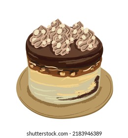 Illustration of a cake with different toppings and cream.