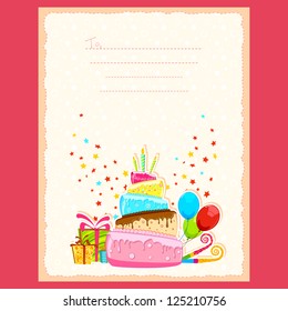illustration of cake and gift boxes in birthday card