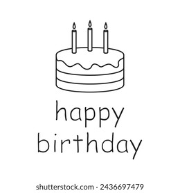 Illustration of a cake and happy birthday text, black line drawing isolated on a white background. 