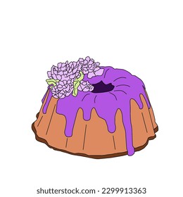 Illustration of a cake with melted purple cream on top. Cake with chocolate color and flower shaped cream