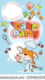 Illustration of a cake party, a fox-baker on a background of bright flags and berries. Suitable for invitations, banners, cards, gift cards. EPS 10