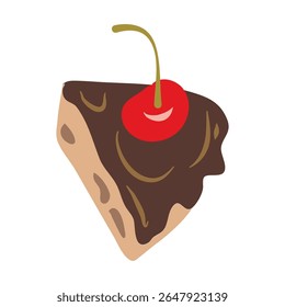 Illustration of a cake slice with chocolate layers, topped with whipped cream and vibrant red cherries, set against a transparent background Ideal for dessert-themed designs.