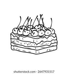 Illustration of a cake slice with chocolate layers, topped with whipped cream and vibrant red cherries, set against a transparent background Ideal for dessert-themed designs.