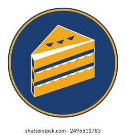 Illustration of a cake slice with layers and icing on a brown background.