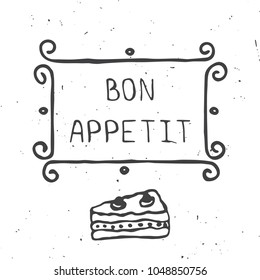 Illustration of a cake and the text frame Bon appetit