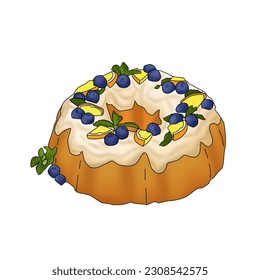 Illustration of a cake with a toping of blue berries, oranges and mint leaves on top