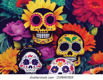 An illustration of Calaverita, skulls and flowers for "Dia De Los Muertos", Mexican tradition. 