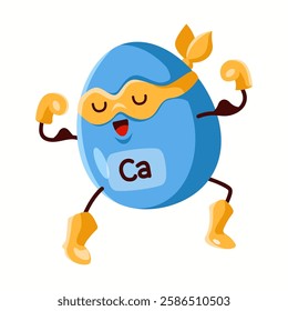 Illustration of a calcium superhero character flexing muscles, representing its importance in strong bones, teeth, and overall body health.