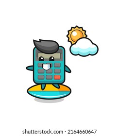 Illustration of calculator cartoon do surfing on the beach , cute style design for t shirt, sticker, logo element