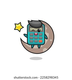 illustration of calculator cartoon sitting on the half moon , cute style design for t shirt, sticker, logo element